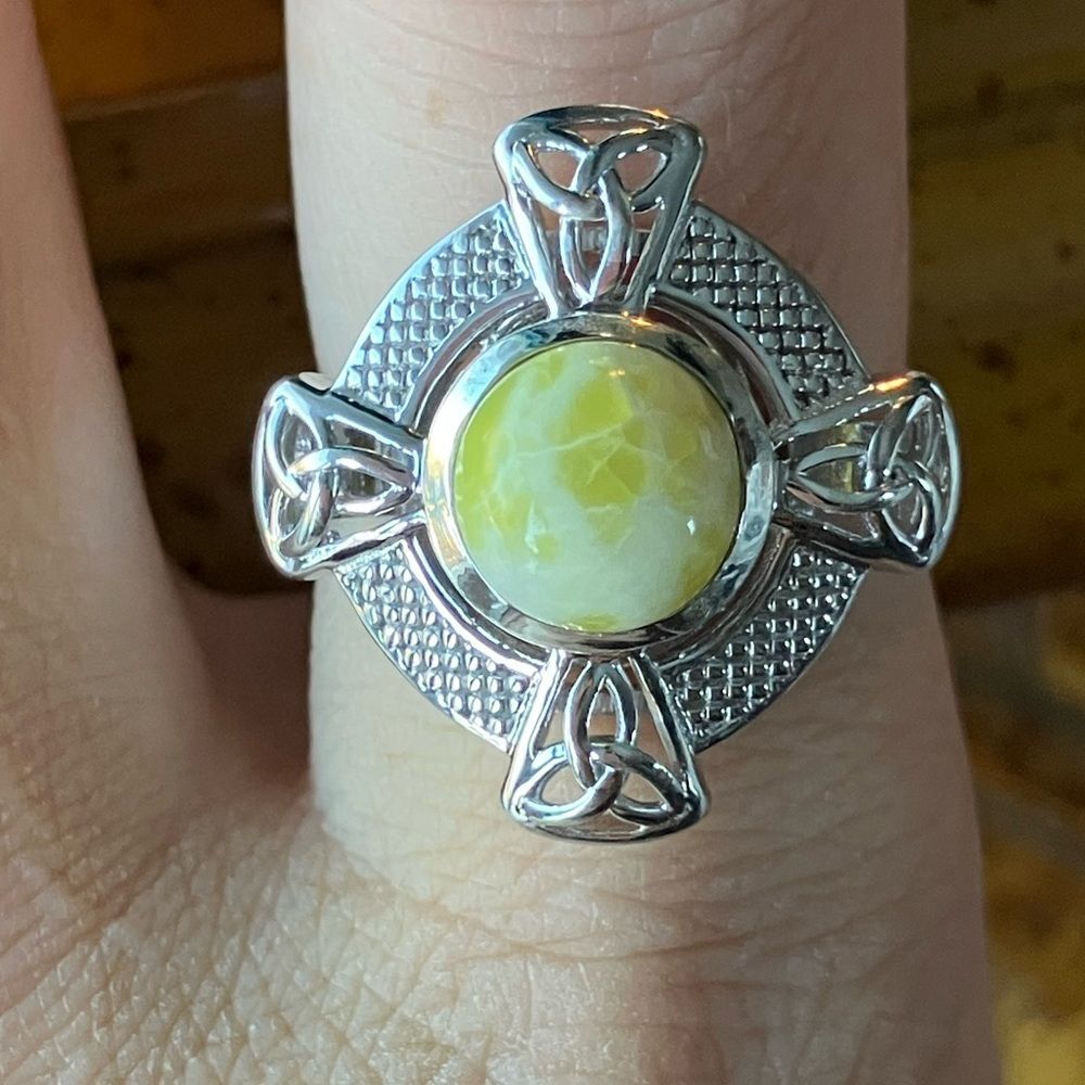 Natural Connemara Marble Sterling Silver Celtic Ring Size 8